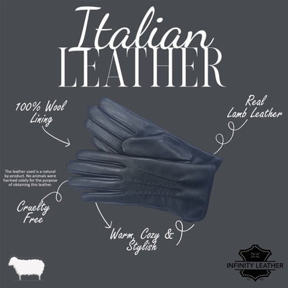 Womens Italian Leather Winter Stitch Line Design Soft Wool Lining Gloves
