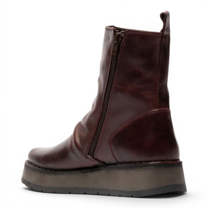 Fly London Womens Wine Leather Zip Up Platform Ankle Boots - RENO053FLY
