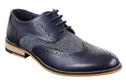 Mens Classic Oxford Tweed Brogue Shoes in Navy Leather - Upperclass Fashions 