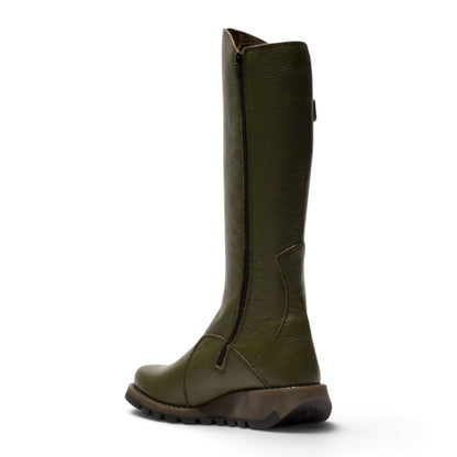 Fly London Womens Military Green Leather Wedge Heel Knee High Long Boots - MOL2