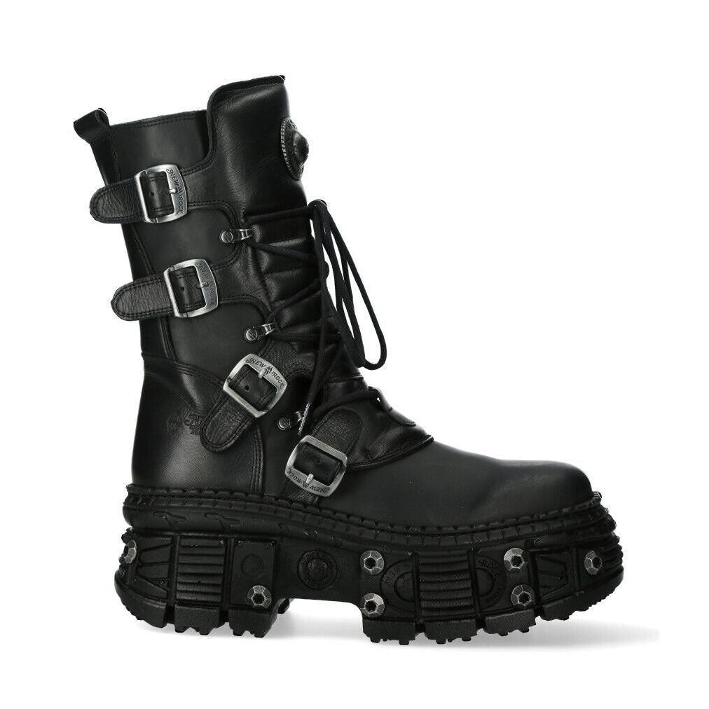New Rock Leather Mid Calf Black Boots-WALL373-S11
