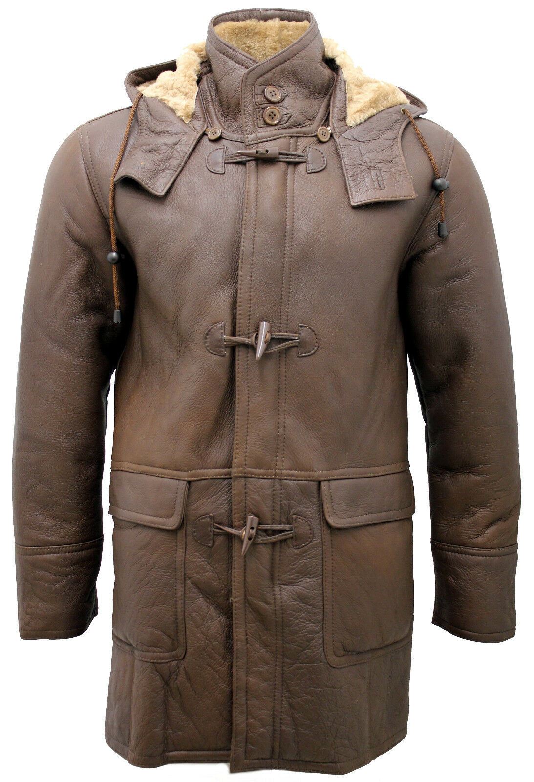 Mens Brown Sheepskin Leather Hooded Duffle Coat-Leatherhead