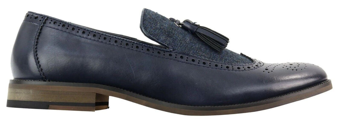 Mens Tasselled Navy Leather Tweed Brogue Slip on Loafers - Upperclass Fashions 