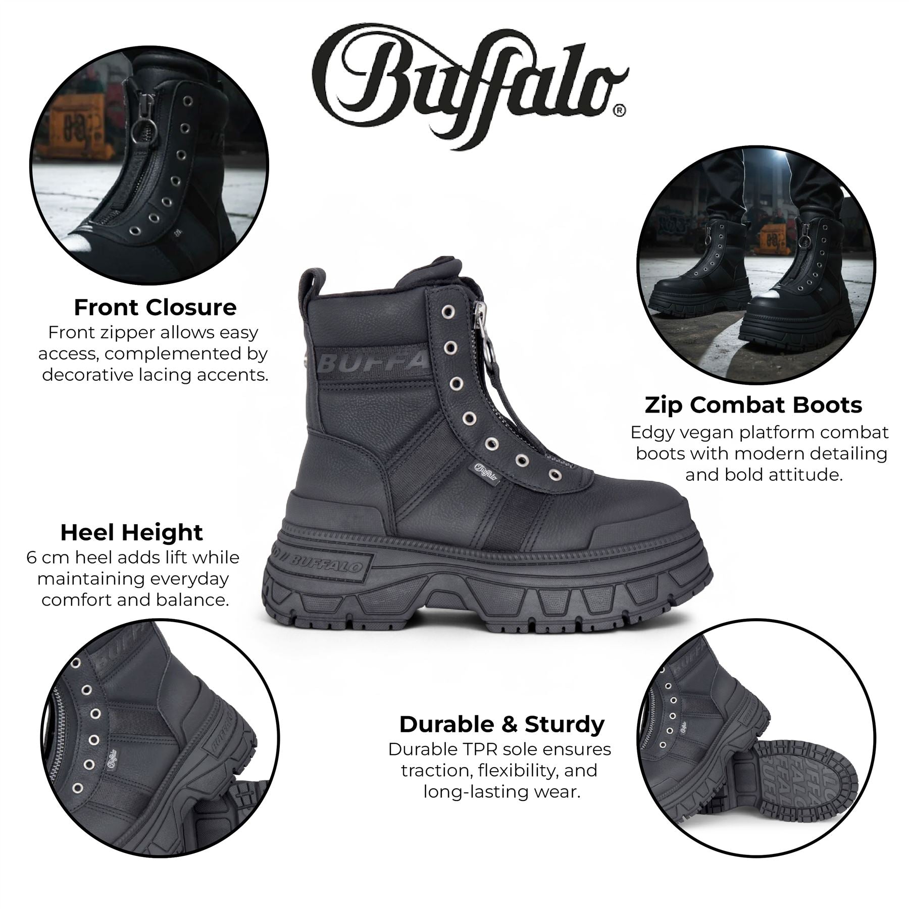 Buffalo Womens Black Chunky Platform Front Zip High Ankle Combat Boots - Fusion