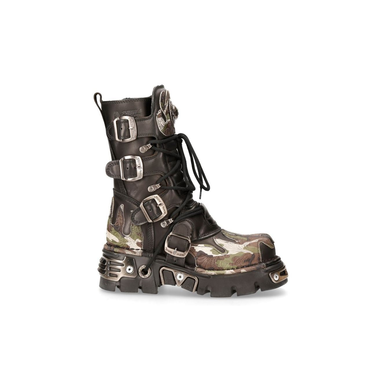 New Rock Flame Accented Camouflage Leather Biker Boots- M-591-S15