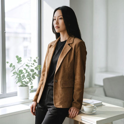 Womens Soft Goat Suede Leather Blazer Jacket-Kolkata