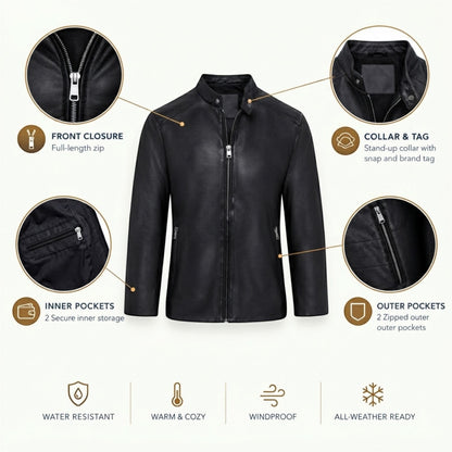 Mens Leather Stand Collar Cafe Racer Biker Jacket - E184