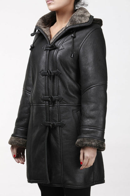Womens Black Shearling Hooded Duffle Coat-Royston