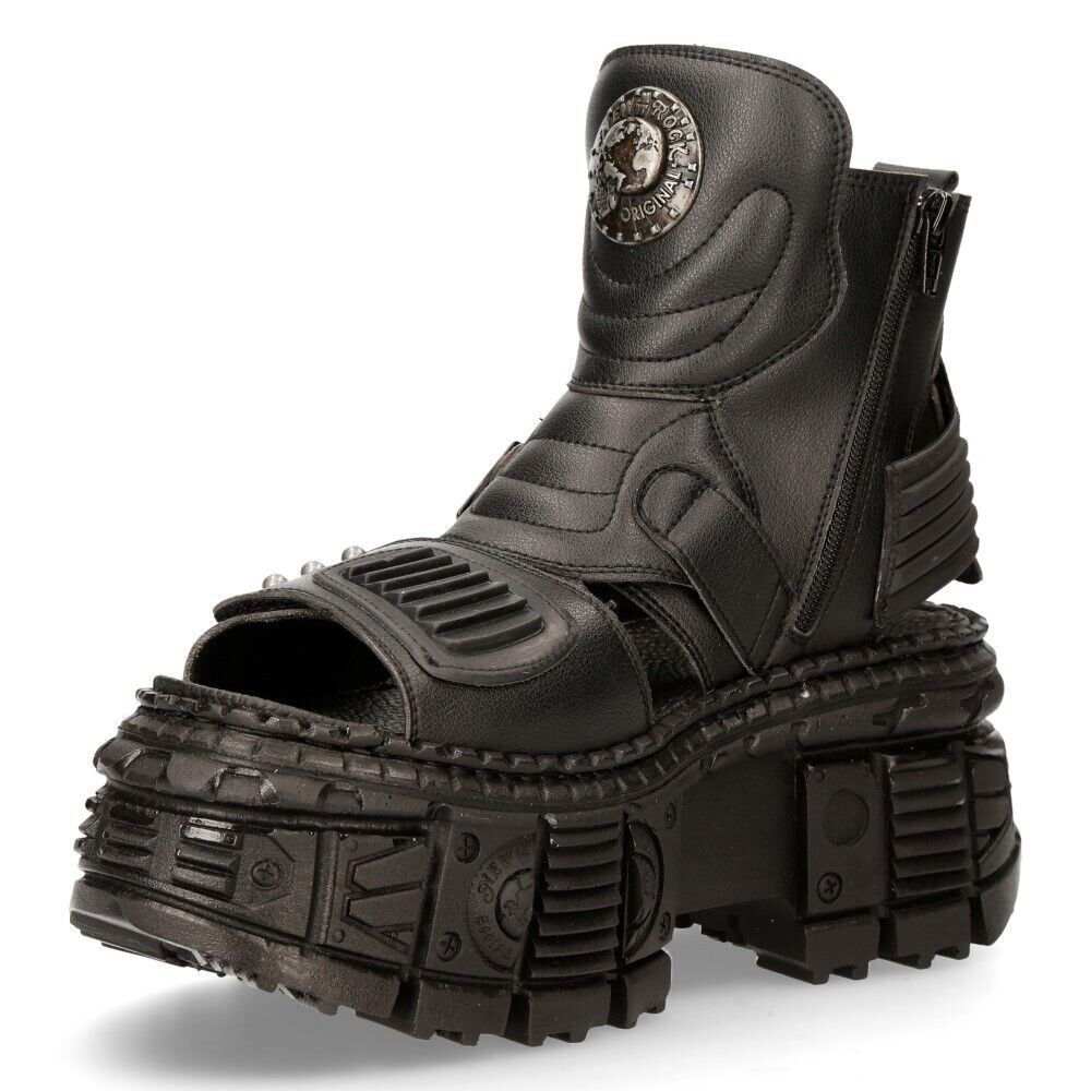 New Rock Black VEGAN Leather Boot Sandals-BIOS106-V3