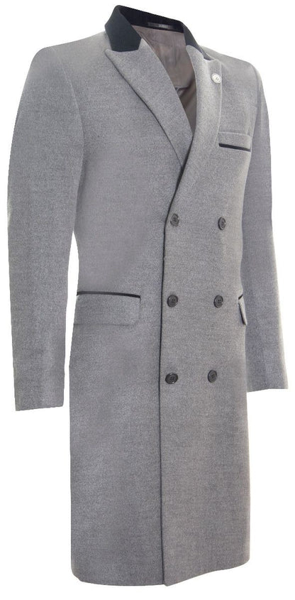 Mens 3/4 Long Double Breasted Grey Crombie Overcoat Wool Coat Peaky Blinders