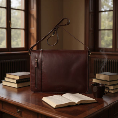 Genuine Leather Brown Laptop Satchel Messenger Shoulder Bag - Astor