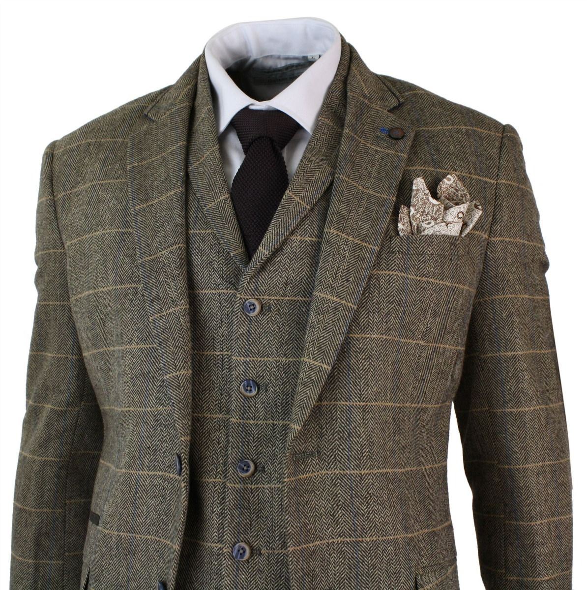 Mens 3 Piece Tan Brown Check Tweed Herringbone Vintage Classic Suit - Upperclass Fashions 