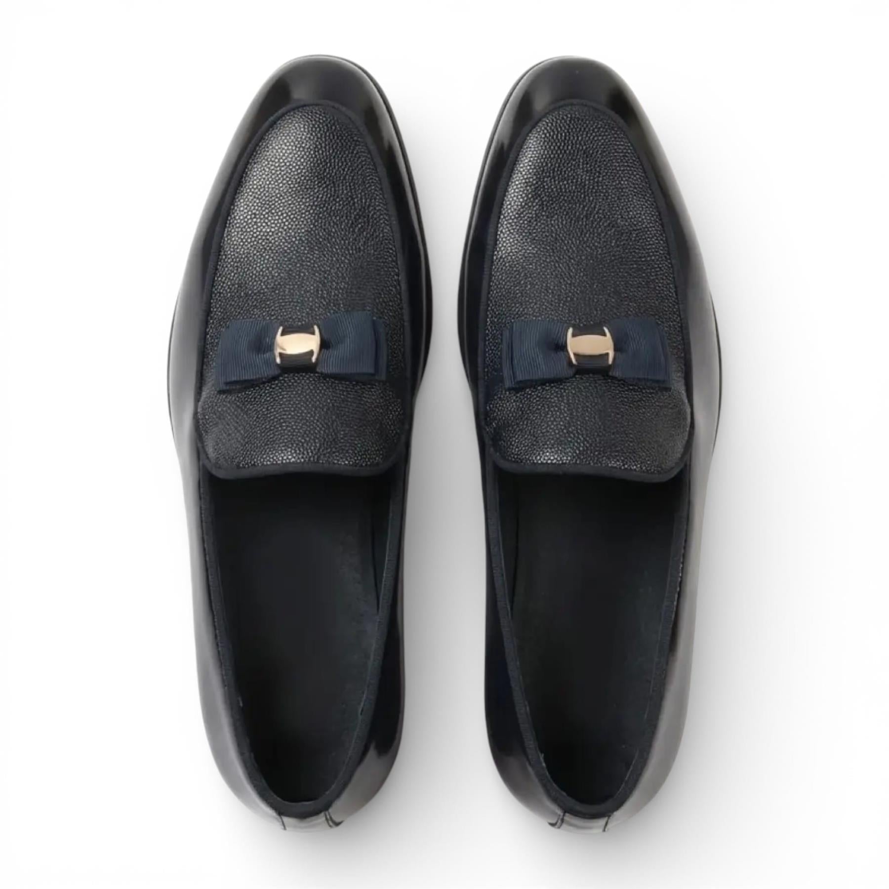 Mens Navy Blue Textured Front Iconic Buckle Bow Loafers Shoes