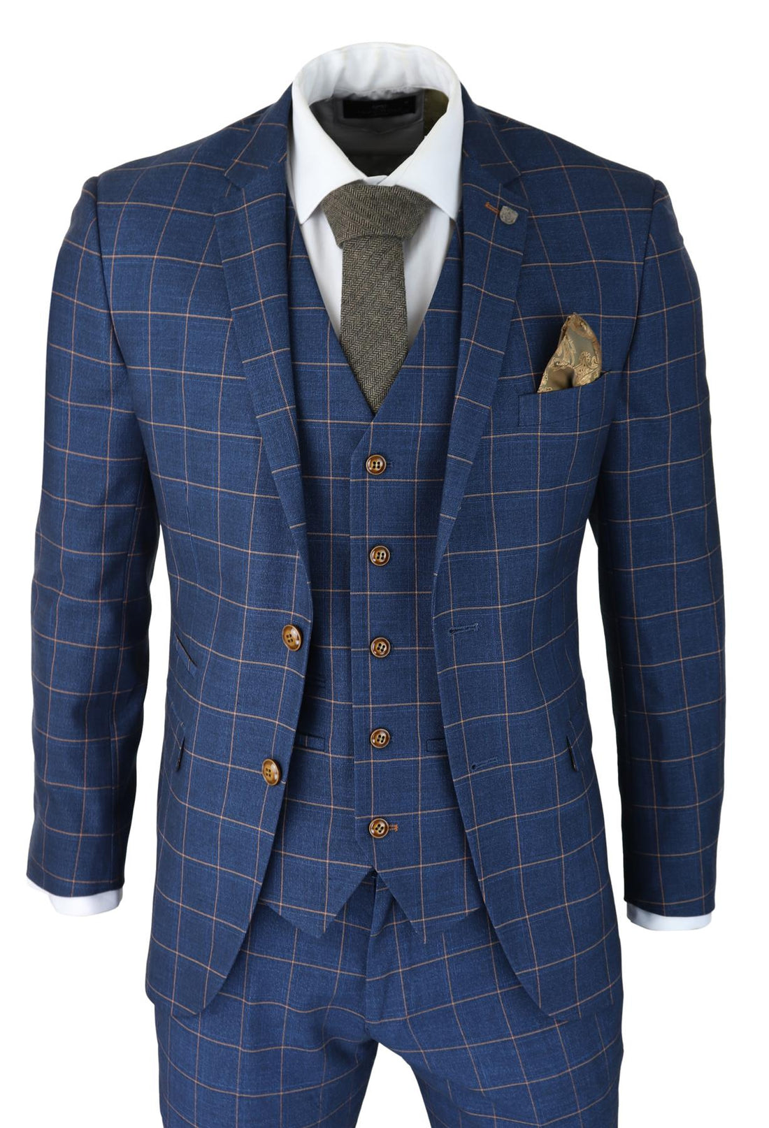 Mens 3 Piece Suit Blue Gold Check Peaky Blinders 1920 Gatsby Smart Vintage Suit - Upperclass Fashions 