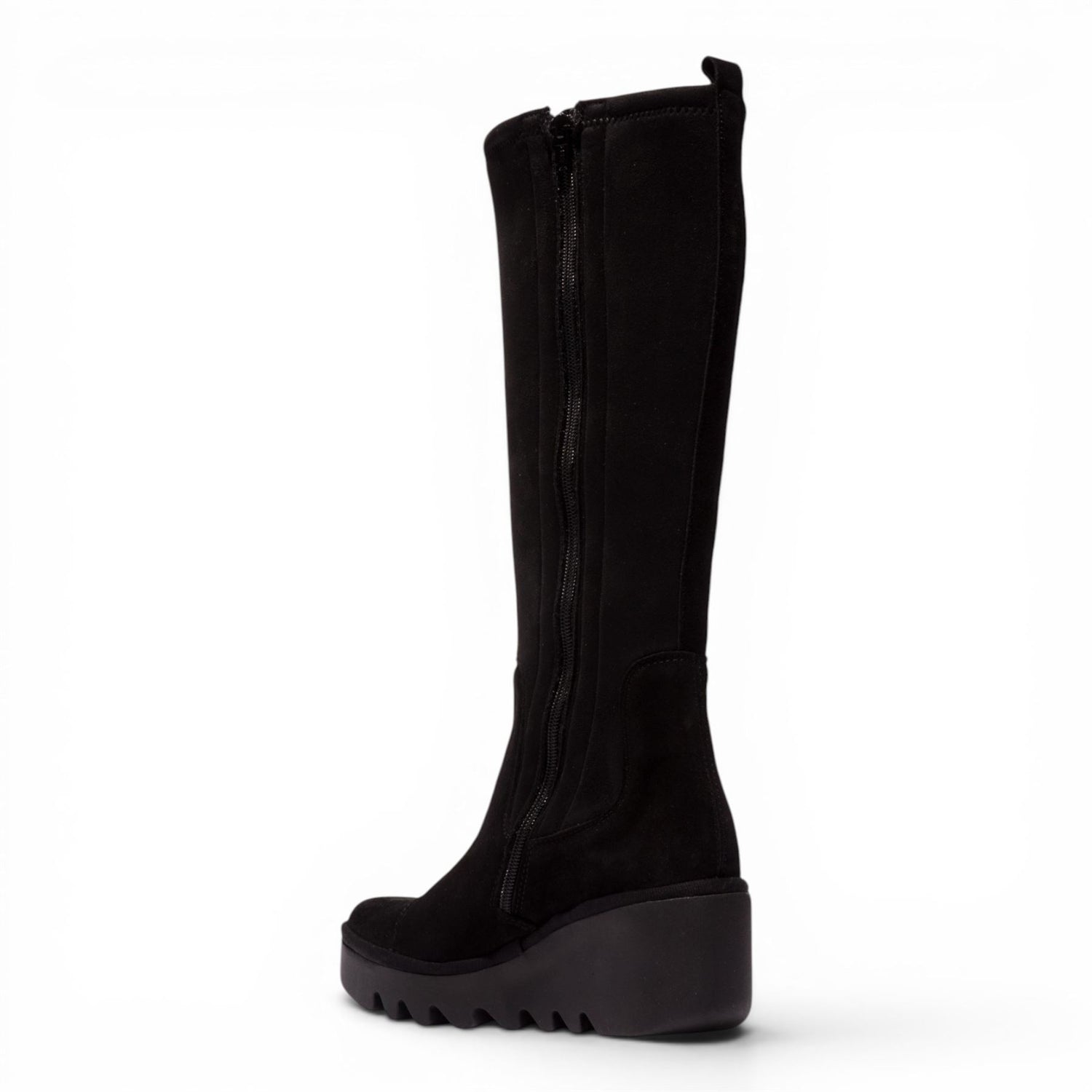 Fly London Womens Black Suede Leather High Wedge Heel Long Boots - BUDI603