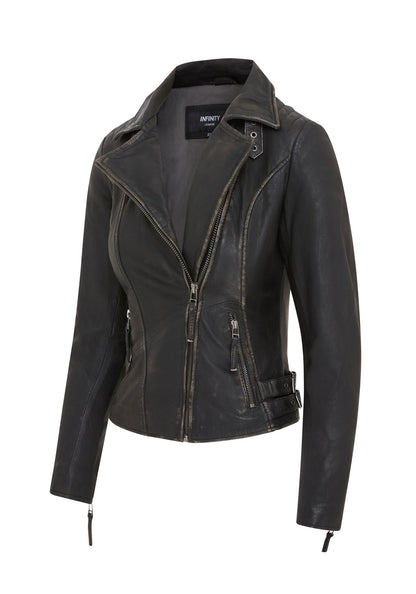 Womens Black Leather Brando Biker Jacket -  Finnsnes