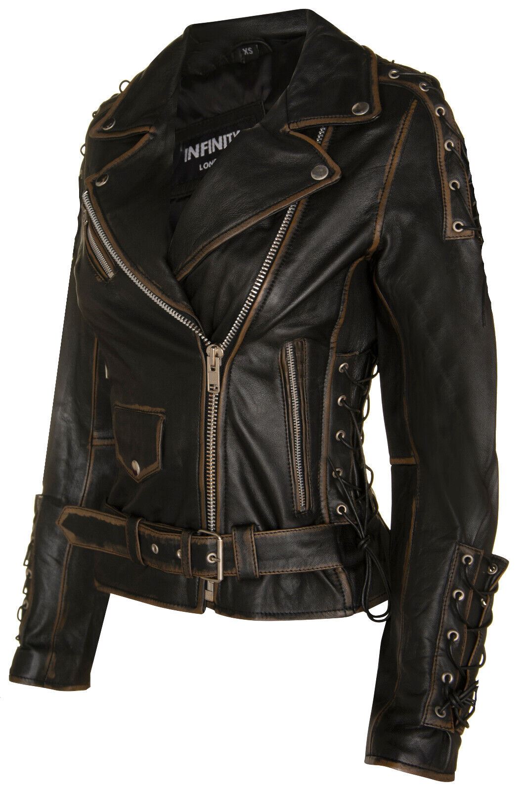 Womens Black Leather Brando Biker Jacket-Havant