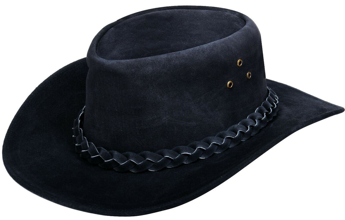 Australian Black Western Style Cowboy Outback Real Suede Leather Aussie Bush Hat