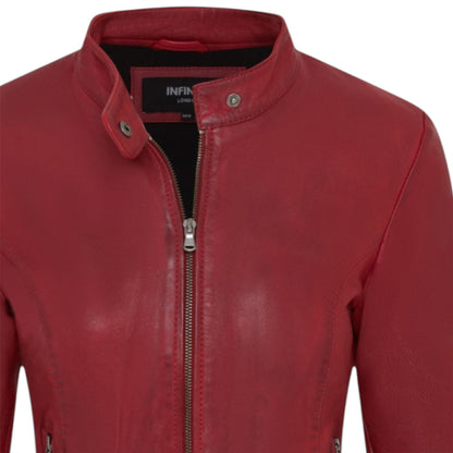 Womens Leather Stand Collar Racer Biker Jacket - 181