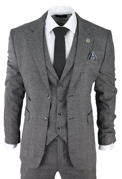 Mens Grey 3 Piece Suit Prince of Wales Check Classic Tailored Fit Wedding Suit