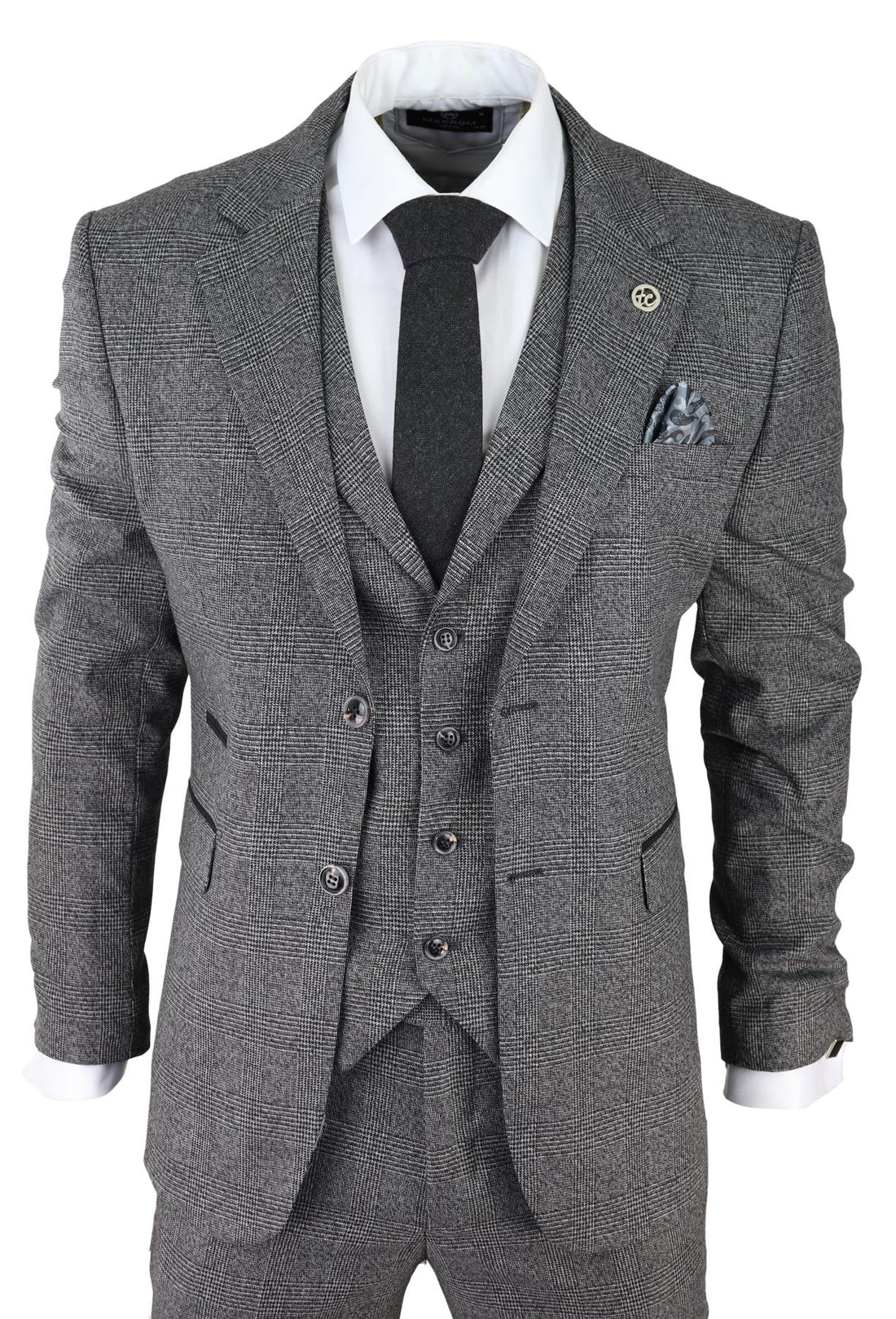 Mens Grey 3 Piece Suit Prince of Wales Check Classic Tailored Fit Wedding Suit - Upperclass Fashions 