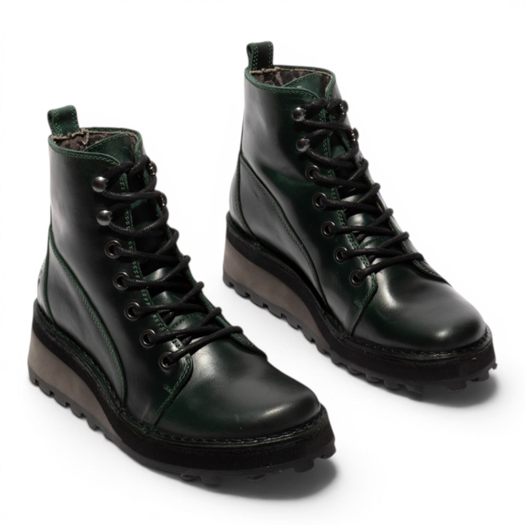 Fly London Womens Green Leather Lace-Up Ankle Boots - HAZI147