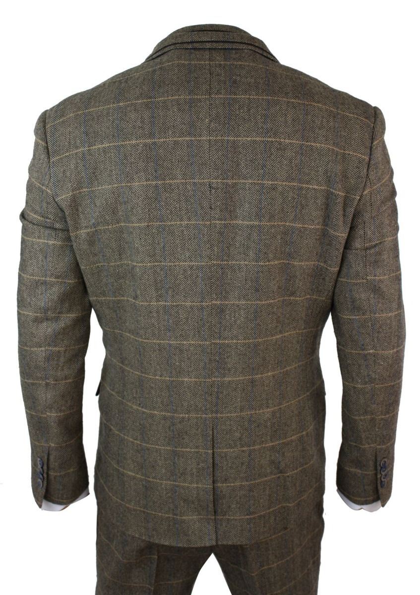 Mens 3 Piece Tan Brown Check Tweed Herringbone Vintage Classic Suit - Upperclass Fashions 