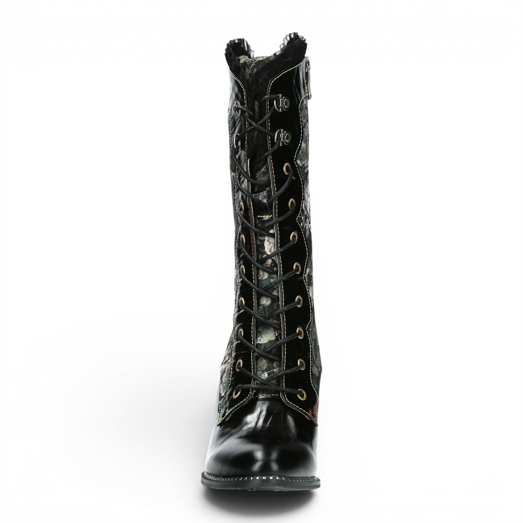 Laura Vita Floral Womens Goth Victorian Black Leather Heeled High Boots - Alcbane-351