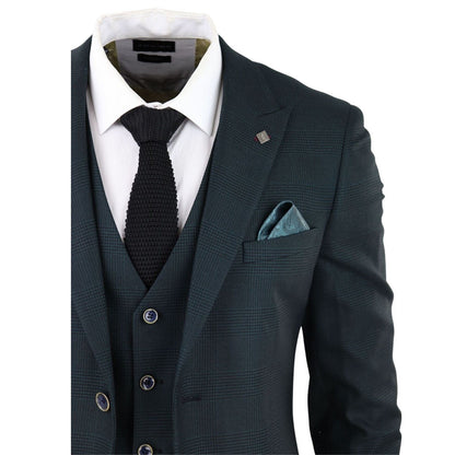 Mens Olive Green 3 Piece Check Tailored Fit Suit - Upperclass Fashions 