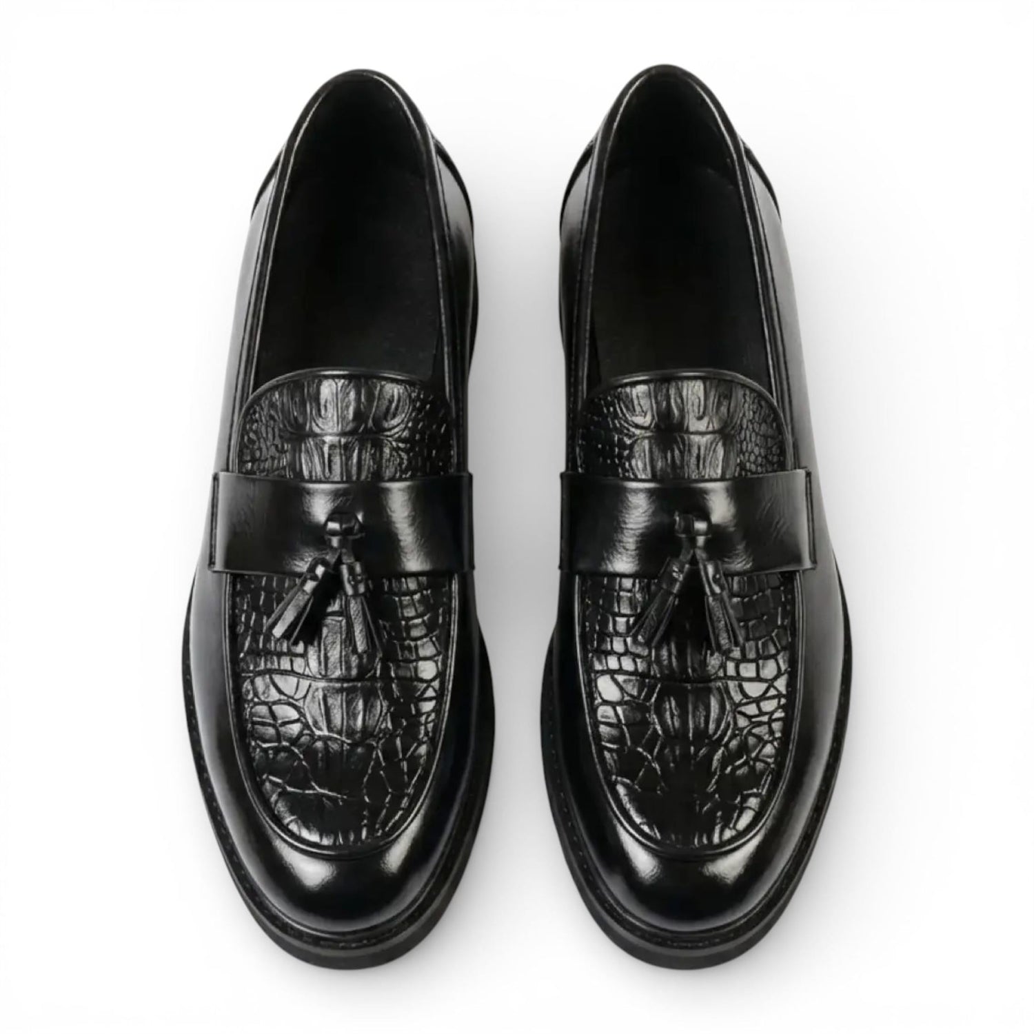 Mens Faux Leather Black Tassel Lug Sole Textured Loafers Shoes