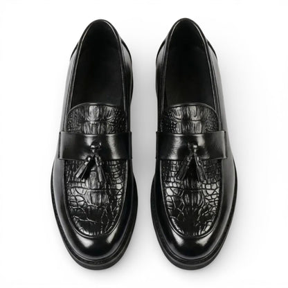 Mens Faux Leather Black Tassel Lug Sole Textured Loafers Shoes