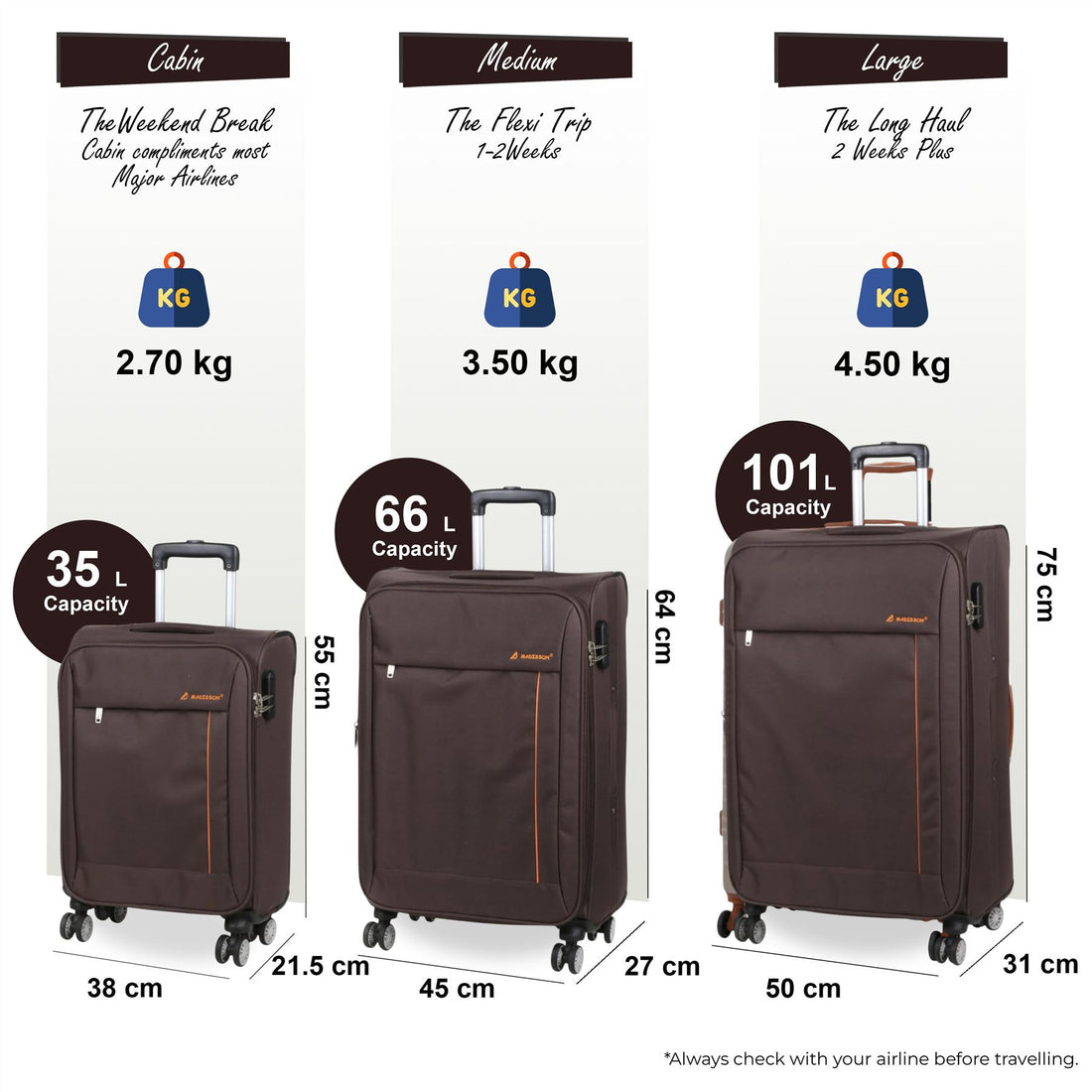 Carrollton Set of 3 Soft Shell Suitcase in Brown