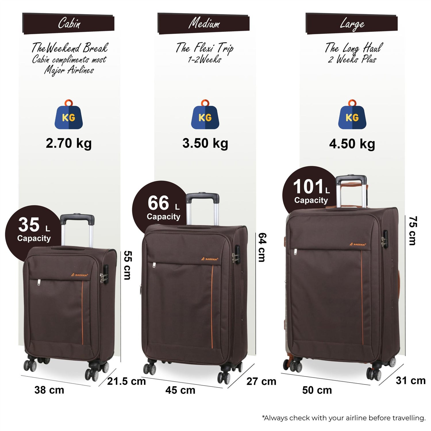 Carrollton Set of 3 Soft Shell Suitcase in Brown