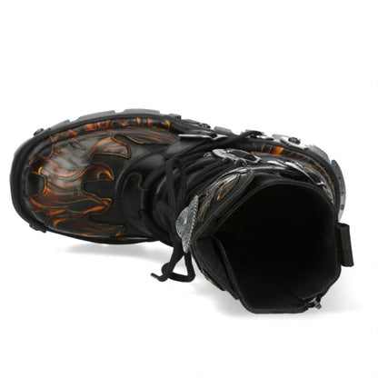 New Rock M-591-C58 Mid-Calf High Black Flame Leather Metallic Gothic Boots