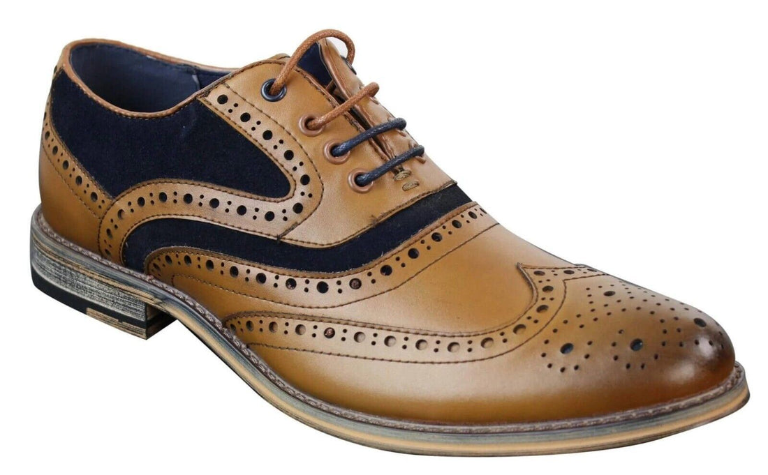 Mens Classic Navy Suede Oxford Brogue Shoes in Tan Leather - Upperclass Fashions 