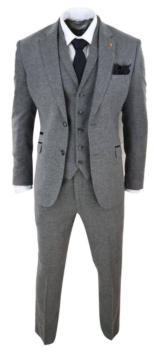 Mens 3 Piece Dark Grey Herringbone Wool Tweed Retro Suit - Upperclass Fashions 