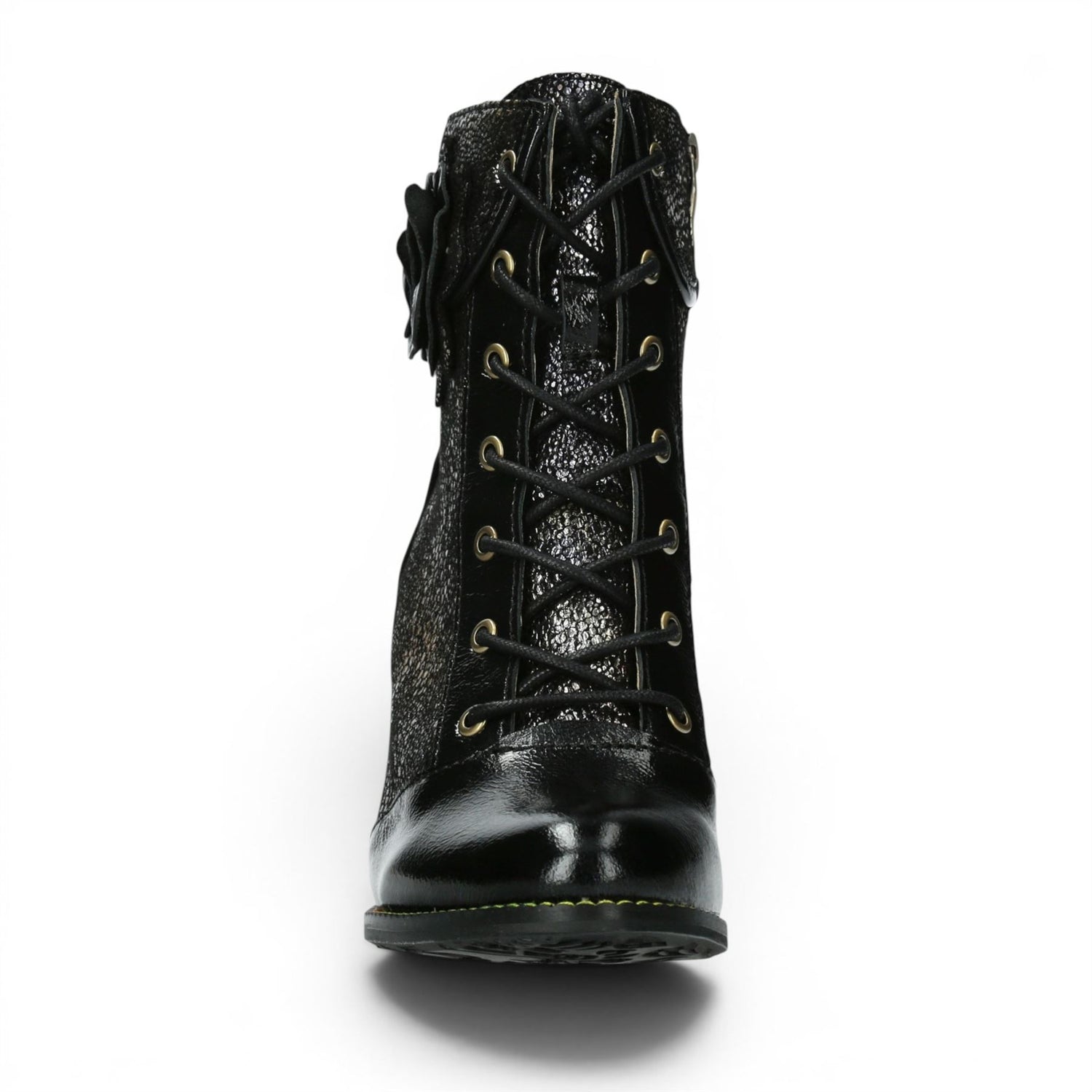 Laura Vita Women’s Black Leather Floral Heeled Lace-Up Boots - Alcbaneo 173