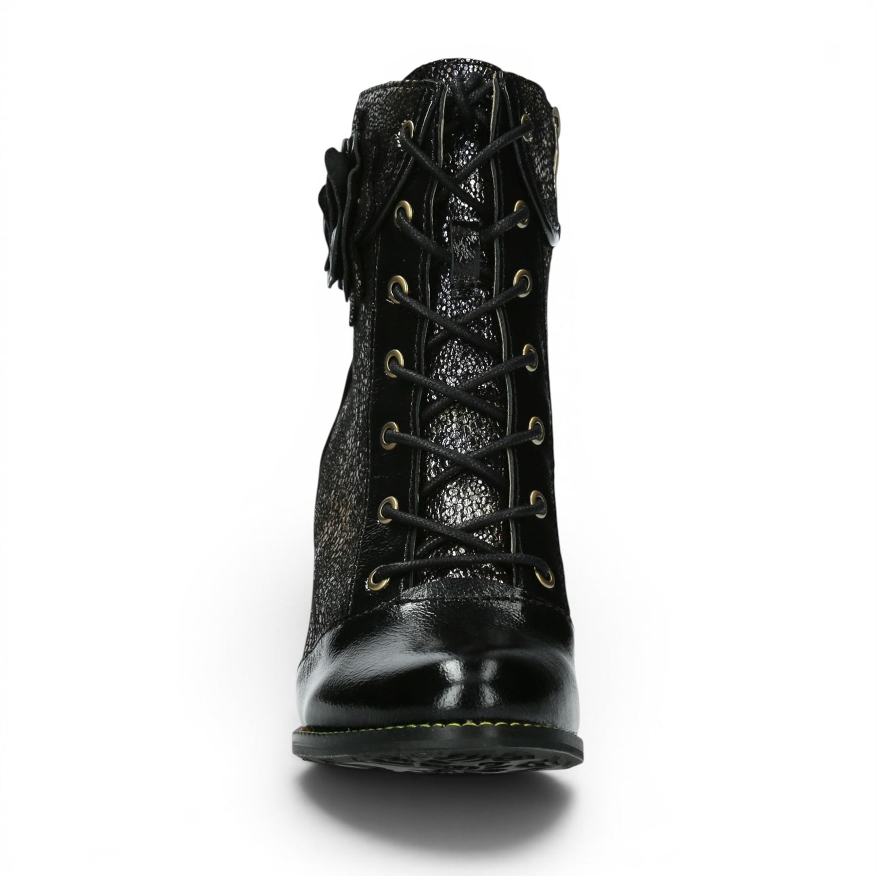 Laura Vita Women’s Black Leather Floral Heeled Lace-Up Boots - Alcbaneo 173