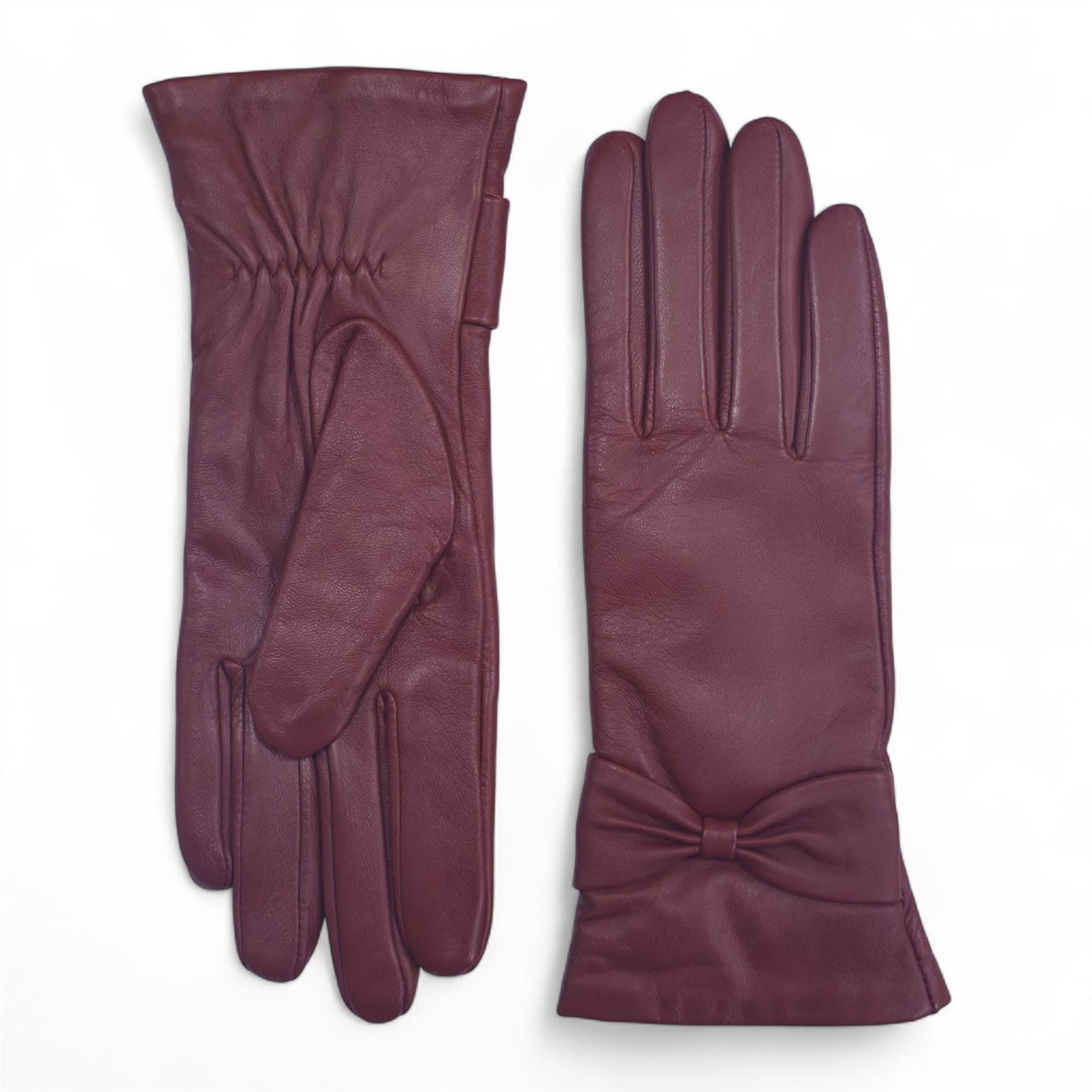 Womens Italian Leather Winter Bow Design Soft Wool Lining Gloves - L-GLV-401