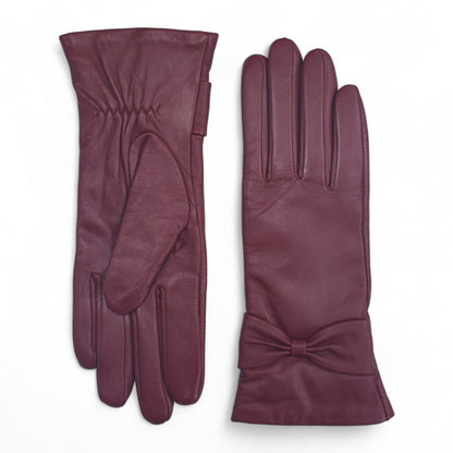 Womens Italian Leather Winter Bow Design Soft Wool Lining Gloves - L-GLV-401