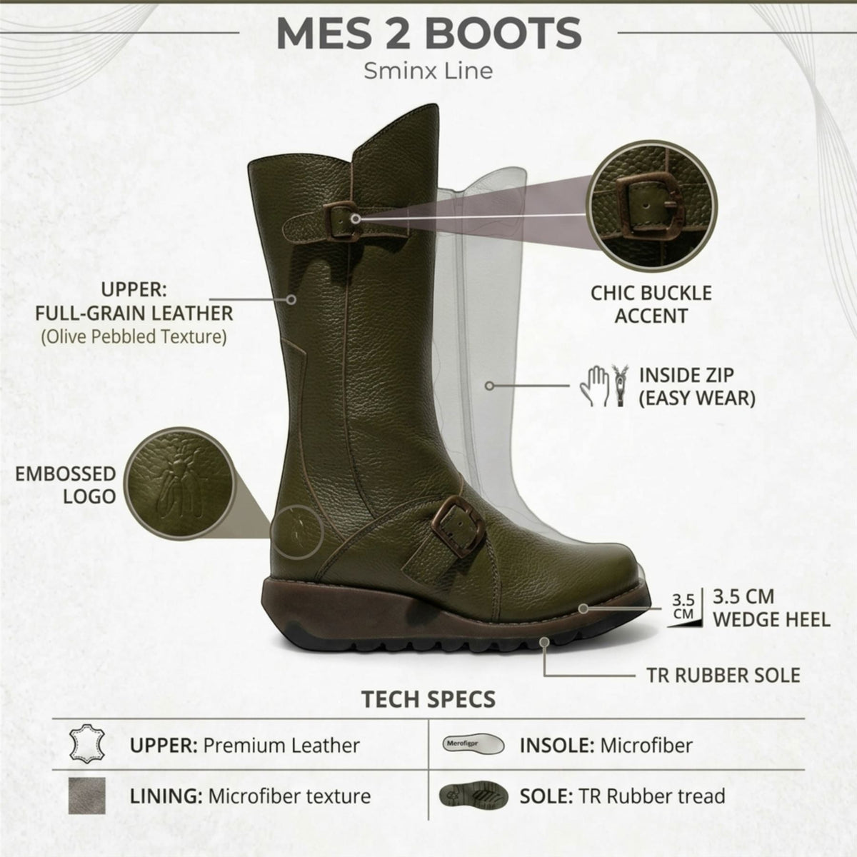 Fly London Womens Military Green Leather Mid-Calf Long Boots - MES2913