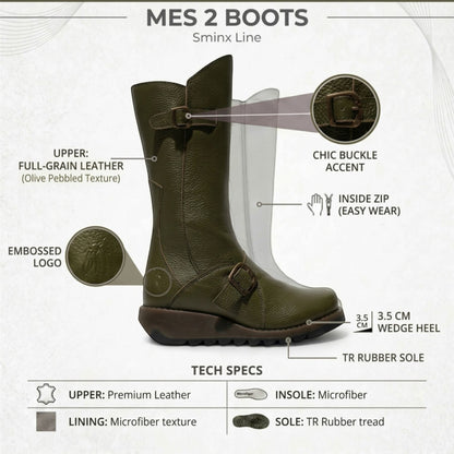 Fly London Womens Military Green Leather Mid-Calf Long Boots - MES2913