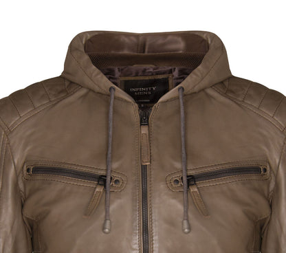 Mens Leather Hooded Bomber Jacket - Cromer