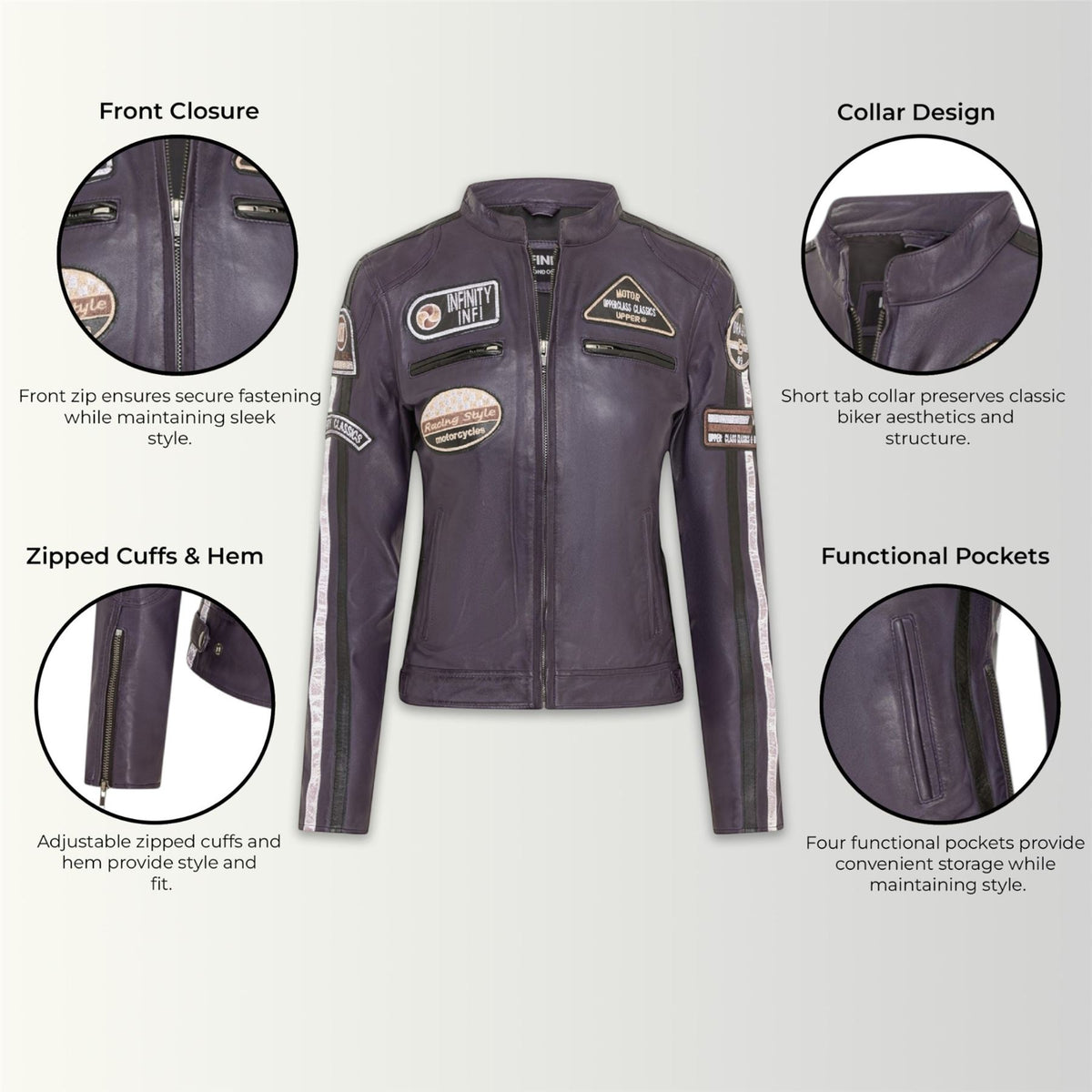 Womens Biker Racing Badges Leather Jacket-Eastleigh