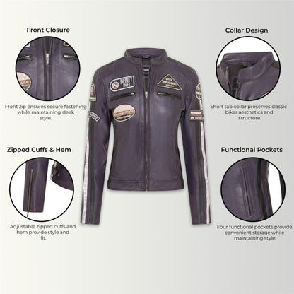 Womens Biker Racing Badges Leather Jacket-Eastleigh