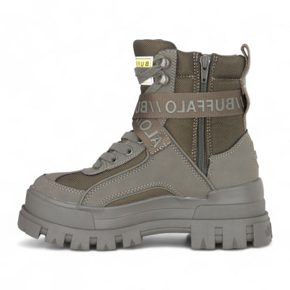 Buffalo Womens Khaki Chunky Platform High Ankle Combat Boots - ASPHA-COM1