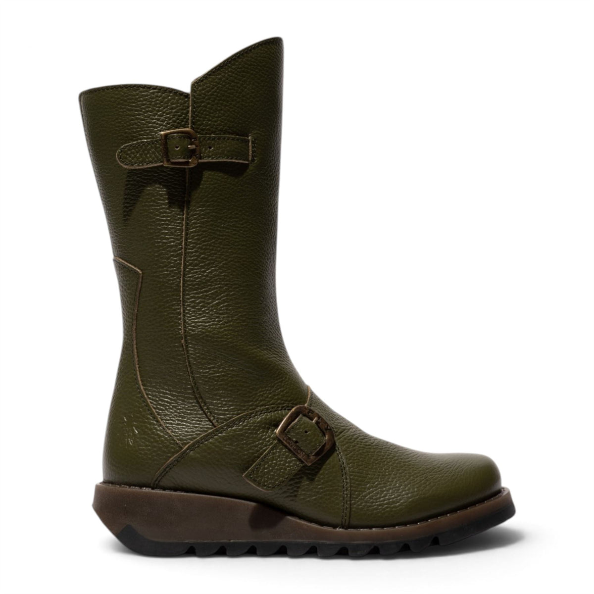 Fly London Womens Military Green Leather Mid-Calf Long Boots - MES2913