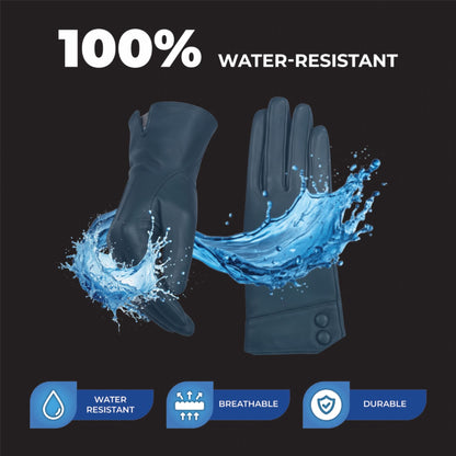 Womens Italian Leather Winter Button Design Soft Wool Lining Gloves - L-GLV-501