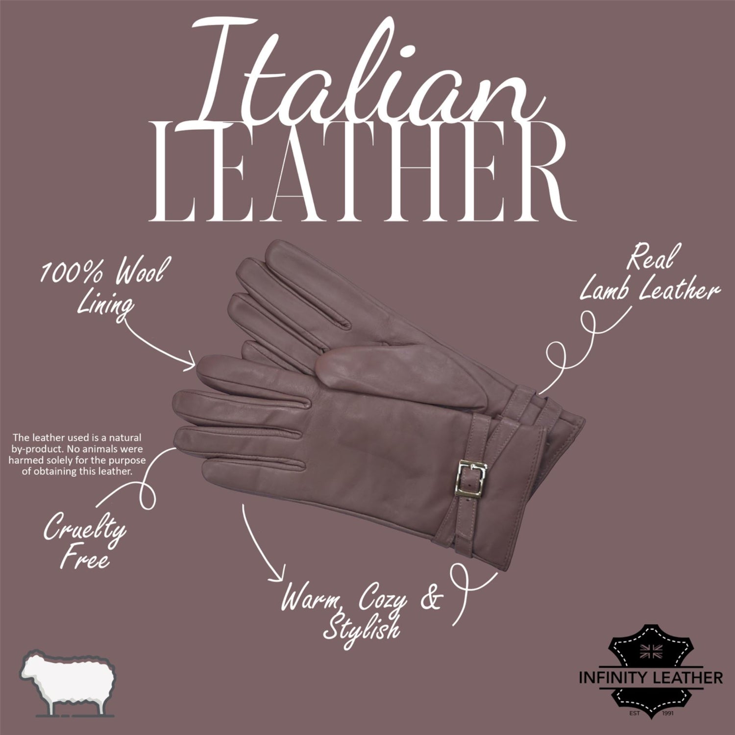 Womens Italian Leather Winter Buckle Soft Wool Lining Gloves - L-GLV-601