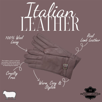 Womens Italian Leather Winter Buckle Soft Wool Lining Gloves - L-GLV-601